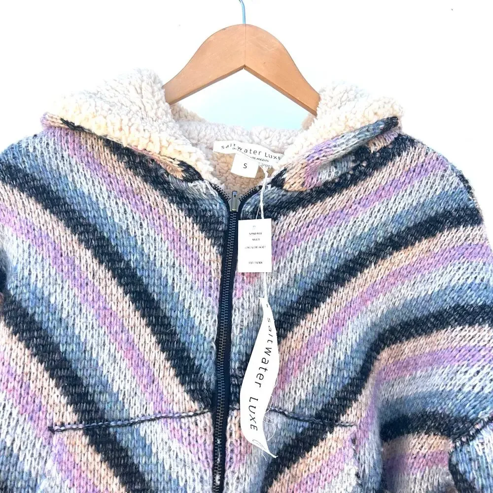 New Saltwater Luxe Carmen Jacket Multi Striped Sherpa Fleece Hoodie Small